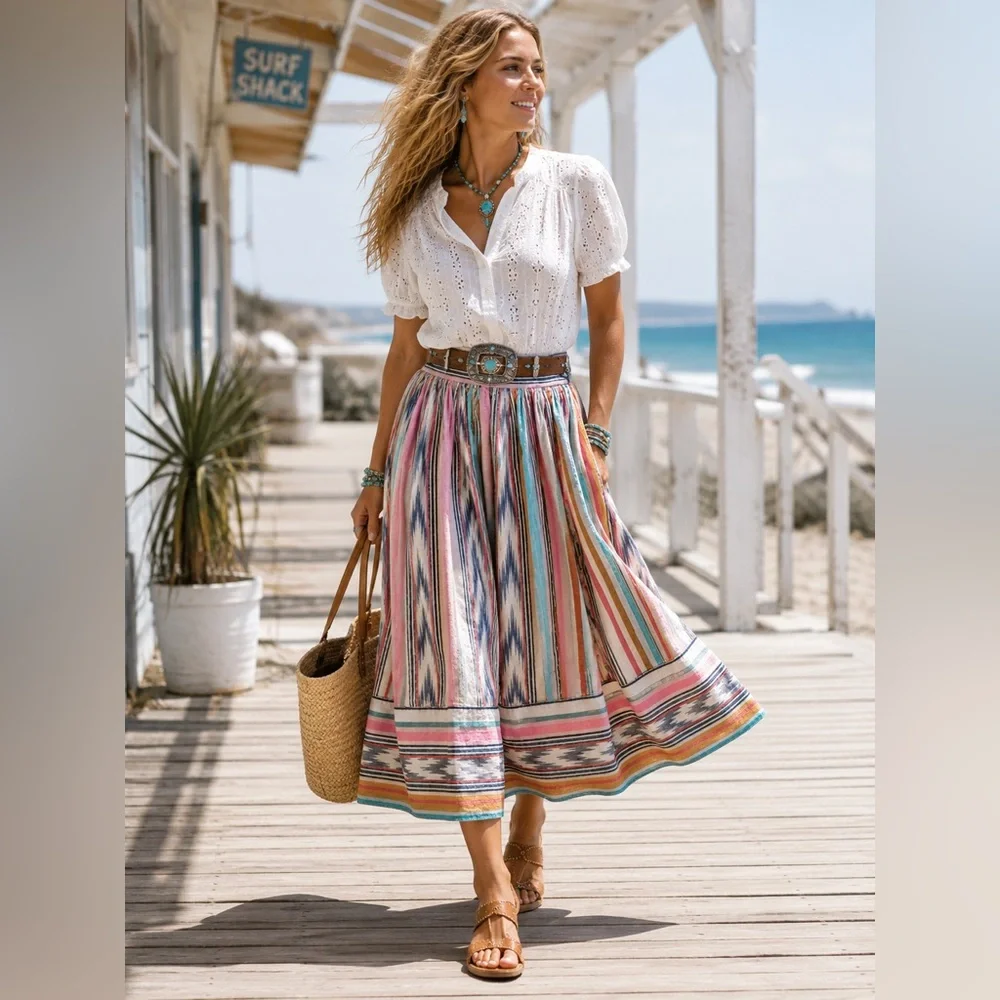 Nitya Vintage Boho Southwest Stripe Midi Skirt Festival Prairie Cottagecore M - Picture 9 of 10